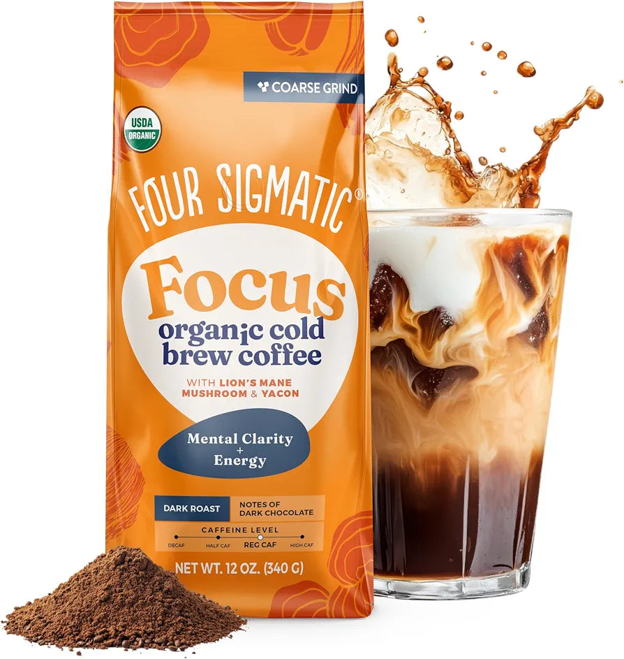 Four Sigmatic Organic Cold Brew Coffee Grounds | Dark Roast, Coarse Grounds with Lion's Mane and Chaga | Cold Brew Mushroom Coffee for Crash-Free Focus | 12 oz Bag